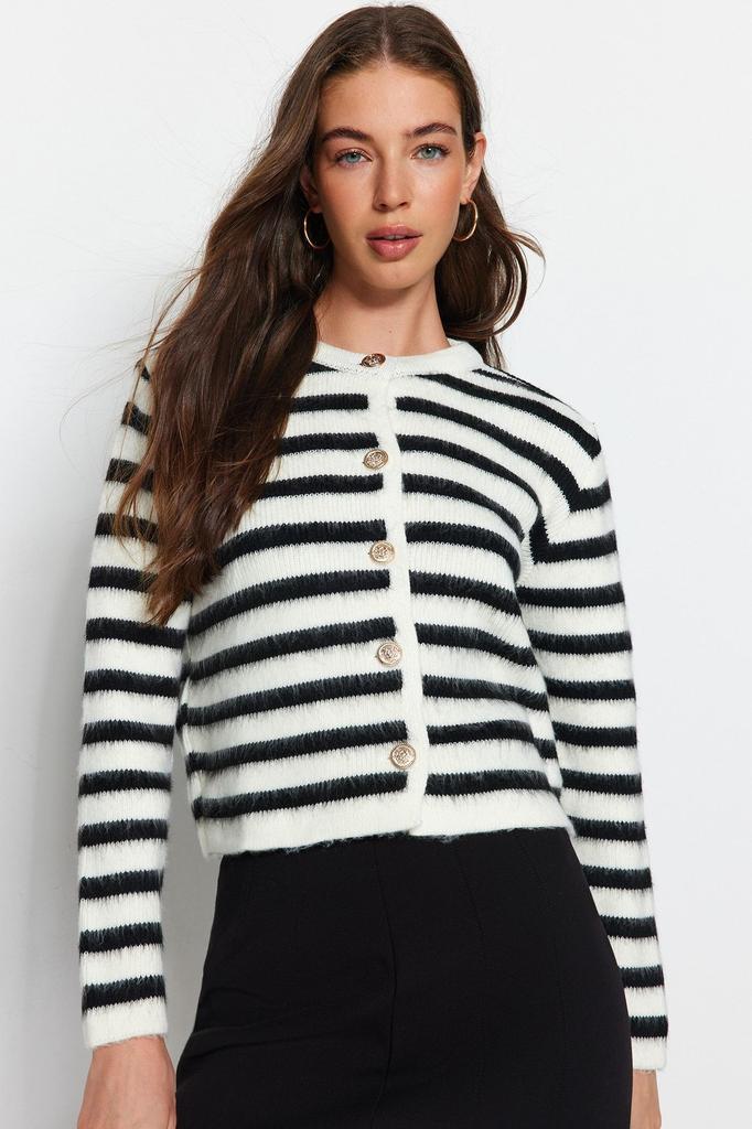 Women's Fashion Stylish Cardigan Navy Blue Soft Textured Striped Jacket Look Knitwear Cardigan