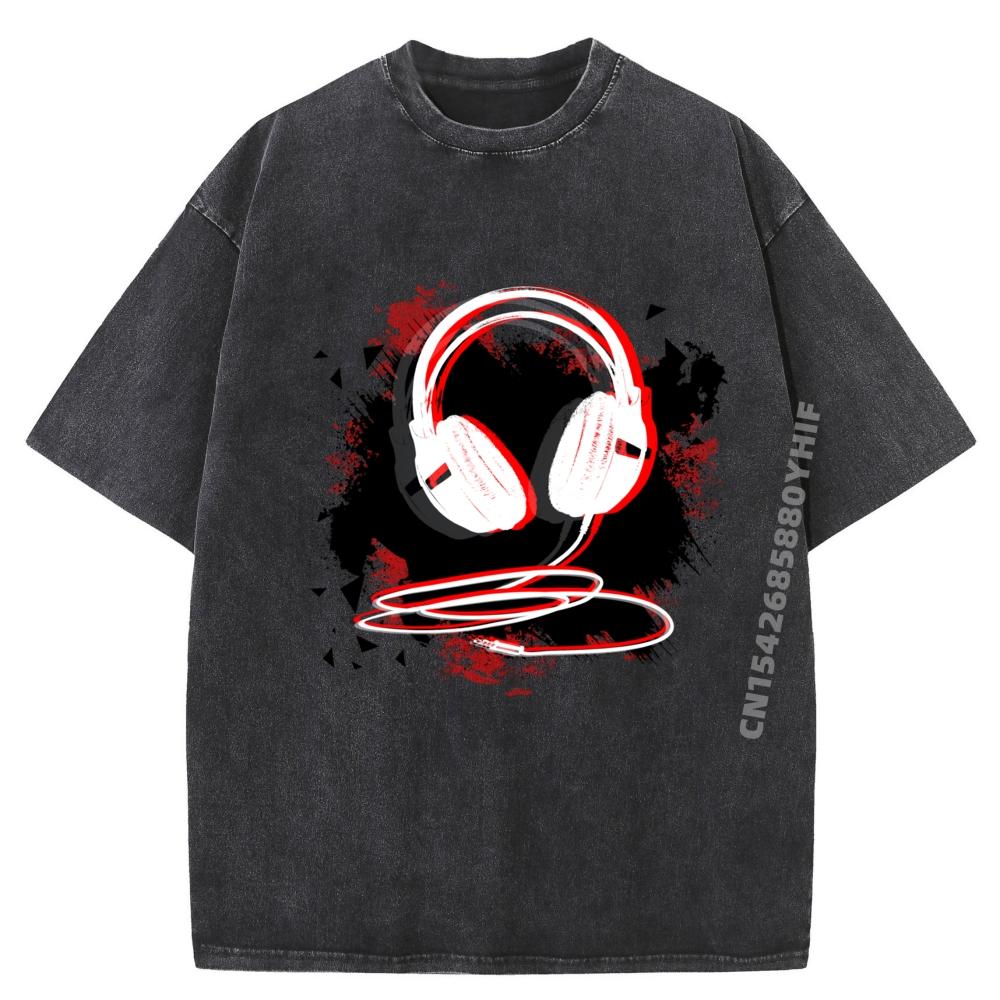Music Sound Headphones Funny for DJ Musician Black Graphic T Shirts Mens Camisetas Character Washed Clothes