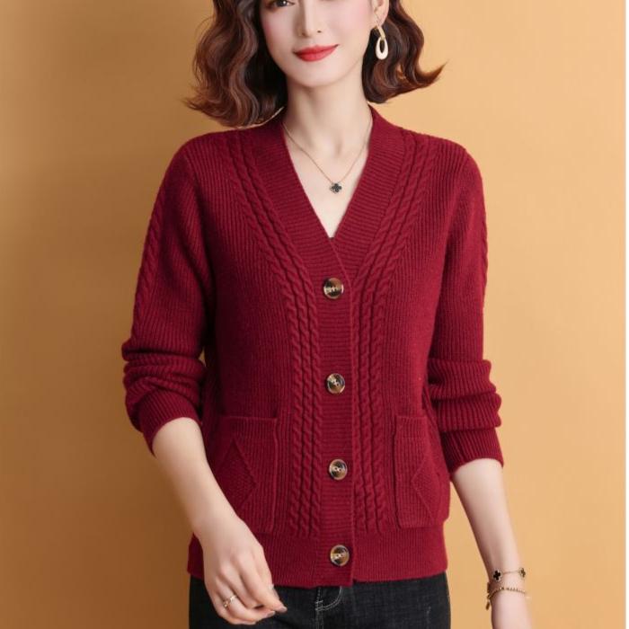 Женский вязаный кардиган, свитер, куртка, весна-осень, короткий однотонный трикотажный кардиган с V-образным вырезом