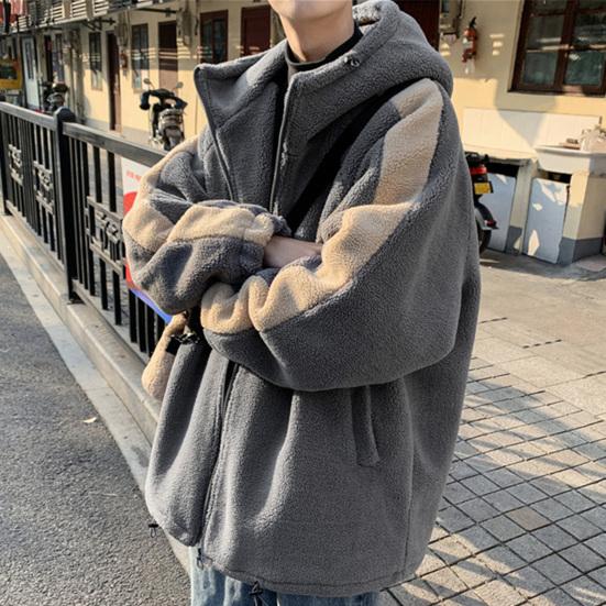 Мужская куртка с капюшоном, зимняя теплая толстая толстая искусственная шерпа, подол с завязками контрастного цвета, карман на молнии с длинными рукавами, свободная посадка, негабаритное студенческое мужское повседневное пальто