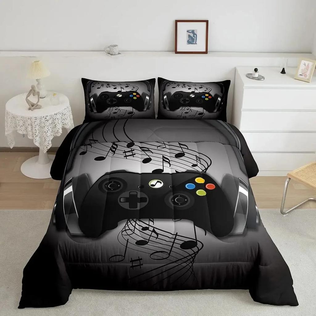 Gamer Duvet Cover Set Rotating Music Comforter Cover Gamepad Gaming Bedding Set for Boys Headphone Bedspreads Cover Queen Size