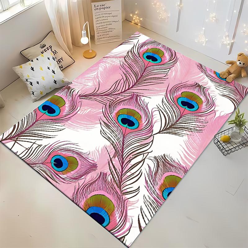 Pink and Colorful Peacock Feathers Non-slip rug suitable for living room and bedroom sofas