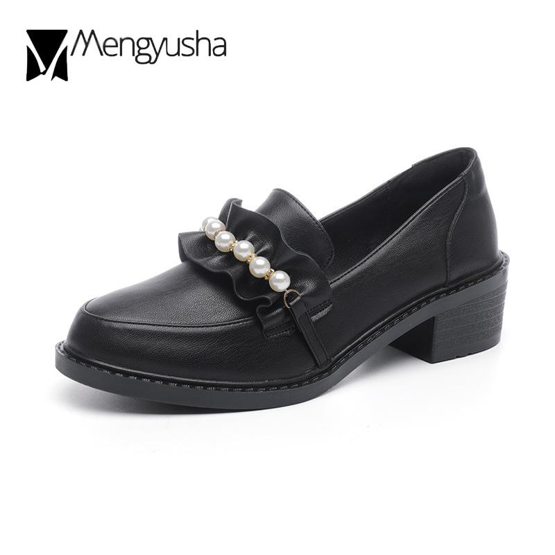 Модные шикарные матовые и лакированные кожаные оборки, бусины, оксфорды, женская обувь, мокасины, круглый нос, толстый каблук, броги, женская обувь, неглубокие жемчужные балетки