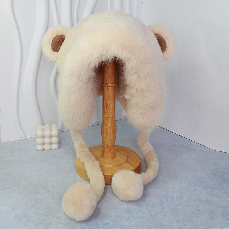 Cute Bear Warm Hat Female Lei Feng Cap Autumn And Winter New Outdoor Hundred Riding Cap Plush Ear Protection Hood