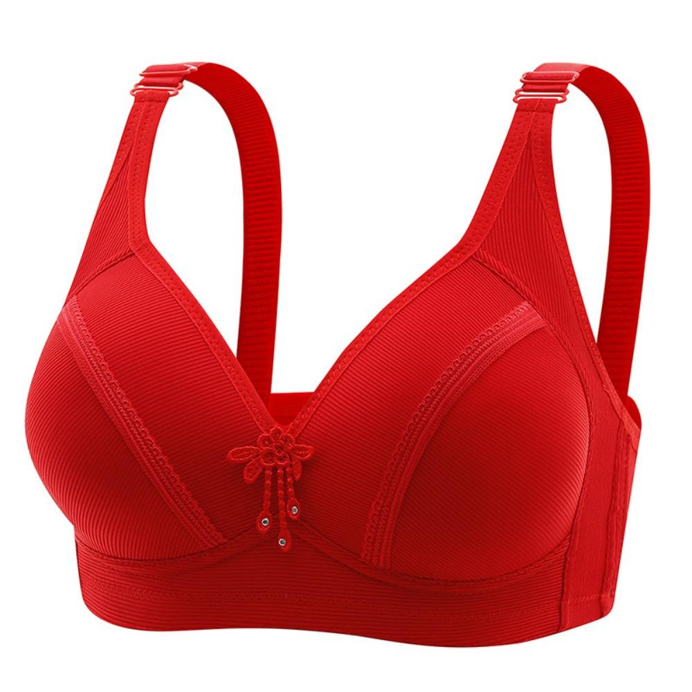 Lightweight women’s plus-size bra for a fuller bust – wire-free, push-up, red button-fastening ‘mum’ style bra