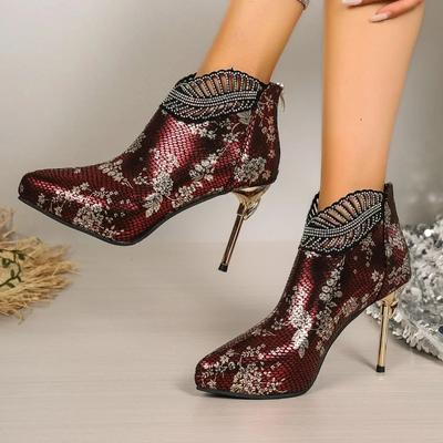 Обувь женская 2024 новые женские сапоги с застежкой-молнией сзади модные печатные офисные и карьерные сексуальные ботильоны с острым носком на тонком каблуке со стразами