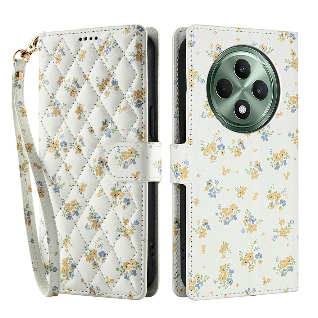 Wallet Case for Oppo Reno12 F 5G/4G/F27 5G Rhombic Floral Design Leather Flip Phone Cover with Strap