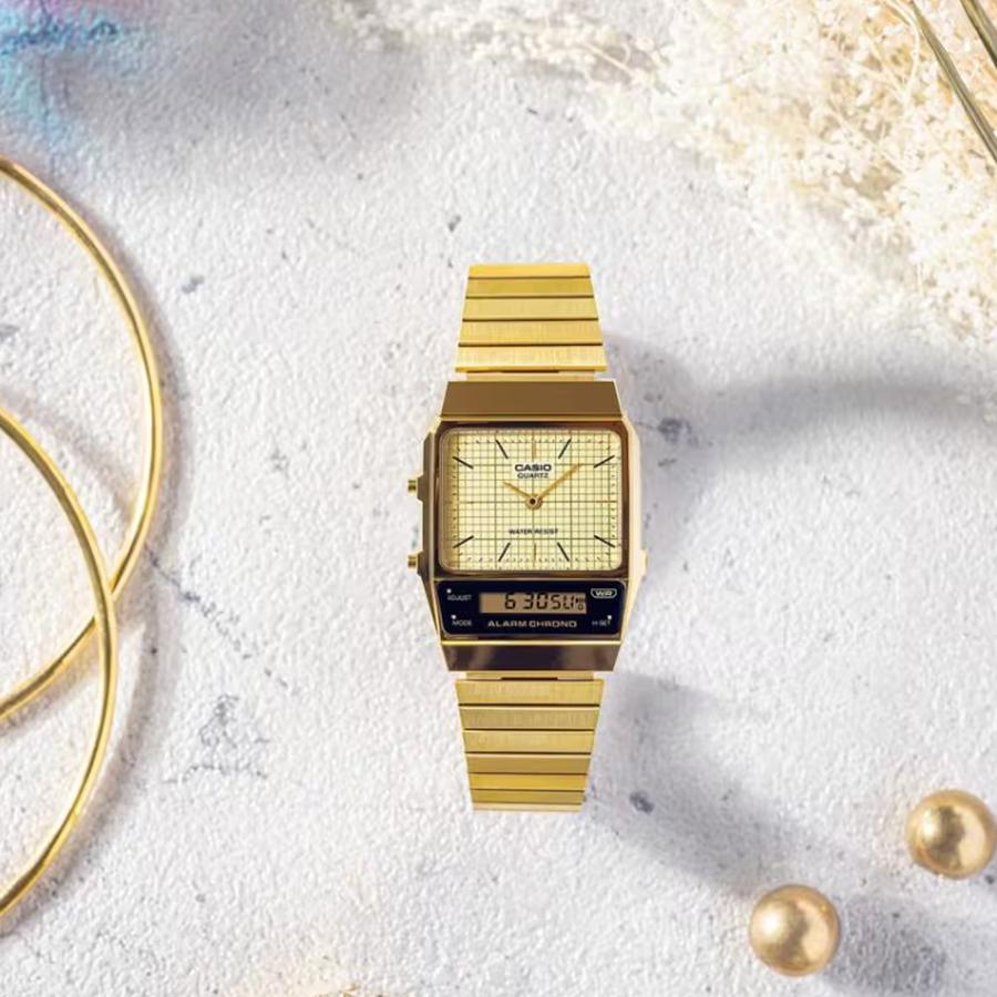 Casio Позолоченные часы из нержавеющей стали с позолоченным циферблатом, кварцевые часы унисекс AQ-800EG-9A