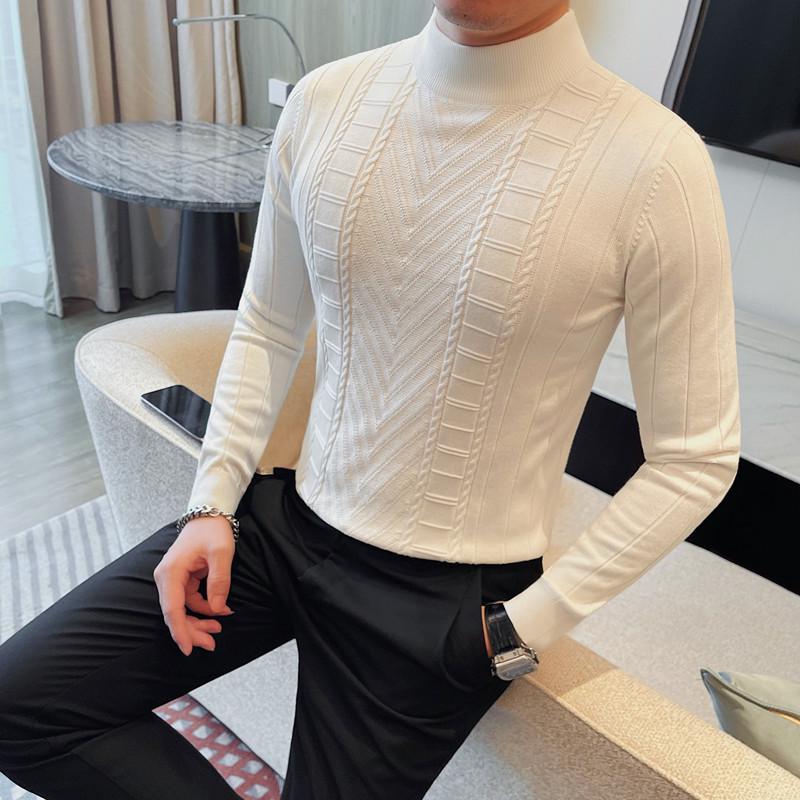 Men's Slim Fit Korean Style Half Turtleneck Knit Sweater - Long Sleeve, Versatile, and Stylish for Autumn and Winter