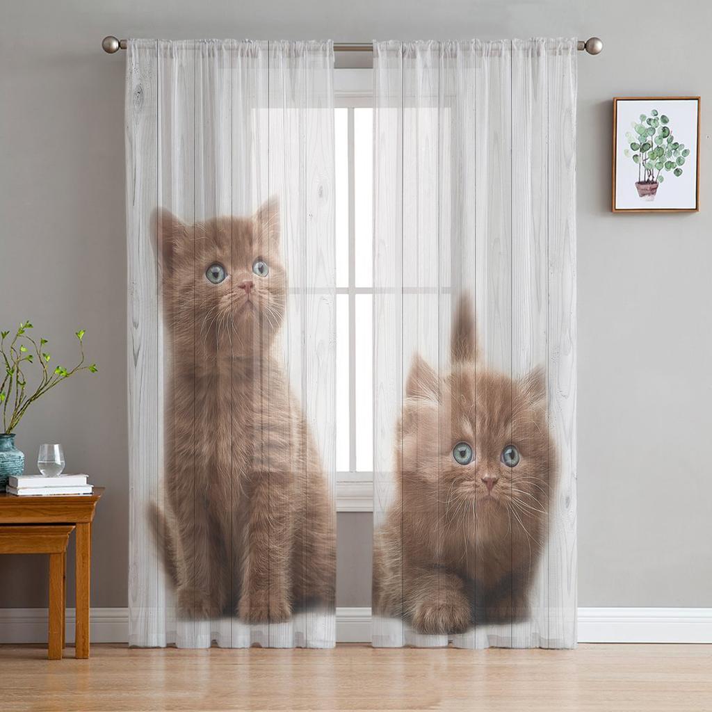 Прозрачная вуаль с рисунком животного кота, занавески для гостиной, спальни, тюлевая занавеска с принтом, роскошный домашний декор для балкона, шторы