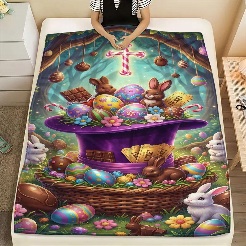 1Pc Easter Egg Print Flannel Blanket, High quality Comfortable for All Seasons, Home Decor, Warmth and Comfort, Perfect for Christmas Gifts