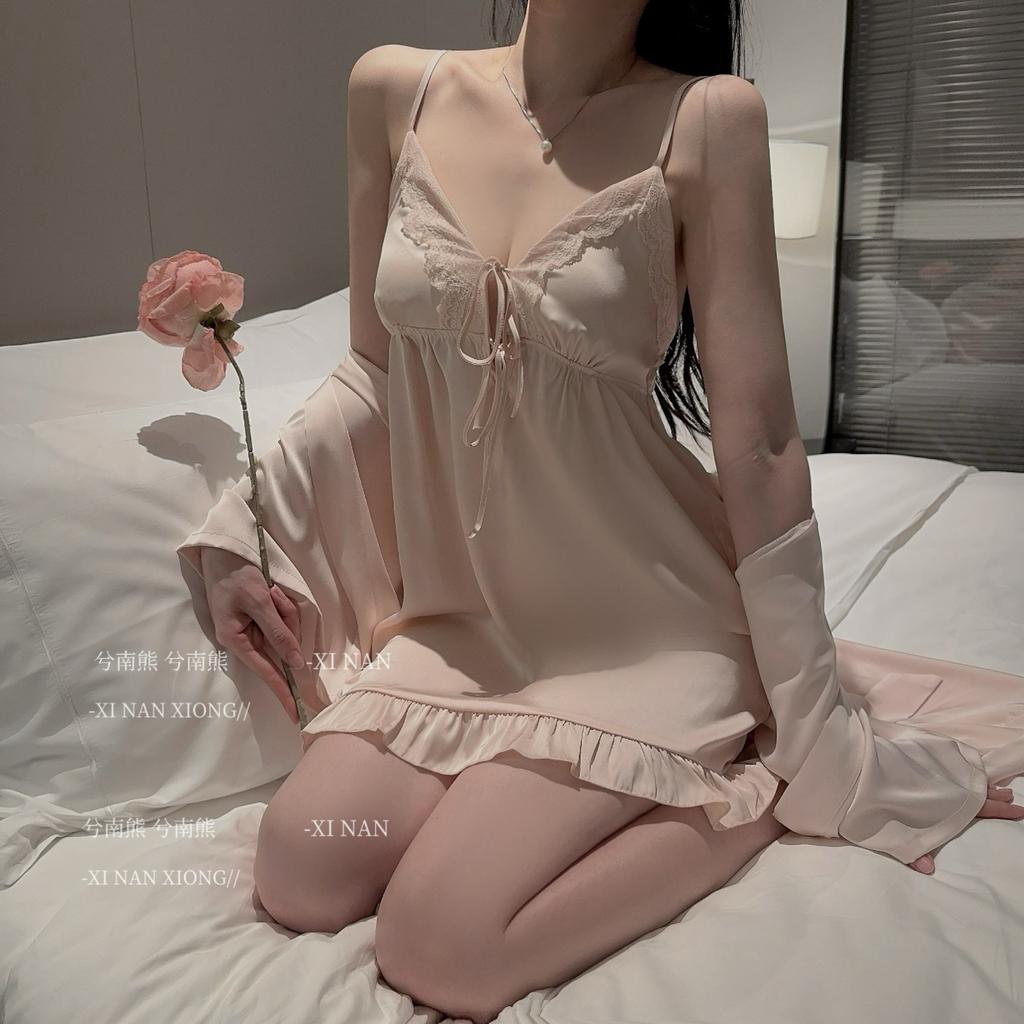 Niche design nightgown women's summer thin ice silk sexy new large size pure desire Korean suspender chest pad pajamas