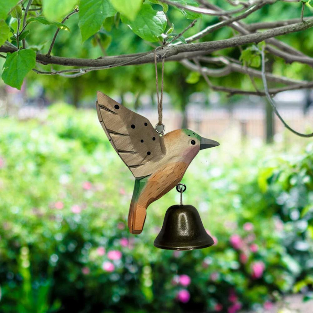Handade Wooden Hummingbird Guardian Bell Of Good Luck Ornament,Metal Bell Bird Figurines Hanging Decor Home Housewarming Gift