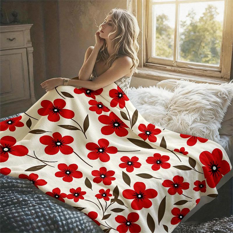 Red Retro Flower Flannel Blanket Warm Soft Halloween Christmas Decorative Couch Warm Cozy All-Season Gift