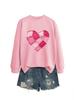 Pink Heart Flocking Women's Casual Round Neck Long Sleeve Hoodie