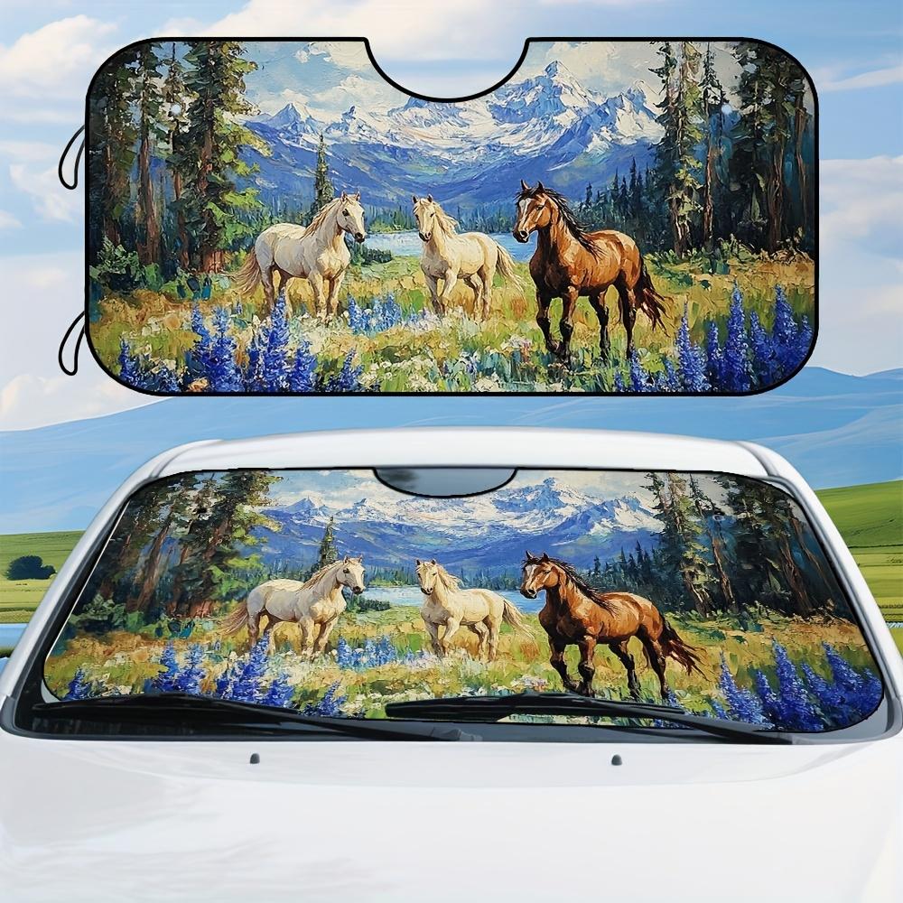 1pc Horse Design Front Car Sun Visor - Fit, Premium Polyester, Vibrant Horse Meadow Landscape Print, Easy Fold & Store For Famil