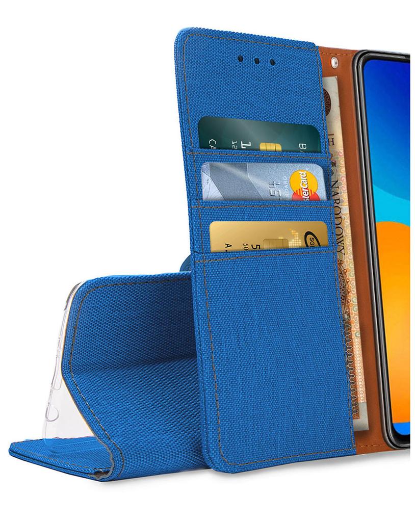 Etui Typu Portfel Do Xiaomi Redmi Note 15 Pro+ Plus 5G - Niebieski Pokrowiec Canvas + Szkło