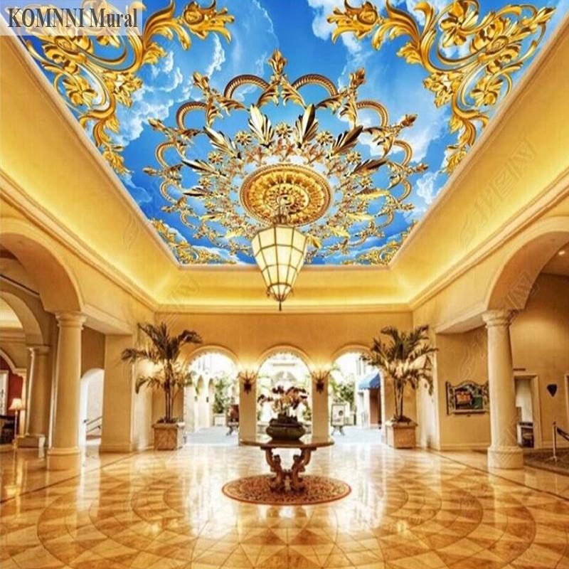 Обои 3d Европейская Церковь Золото Голубое Небо Белые Облака Потолочные Обои Ткани Золотые Блестящие Потолочные Обои