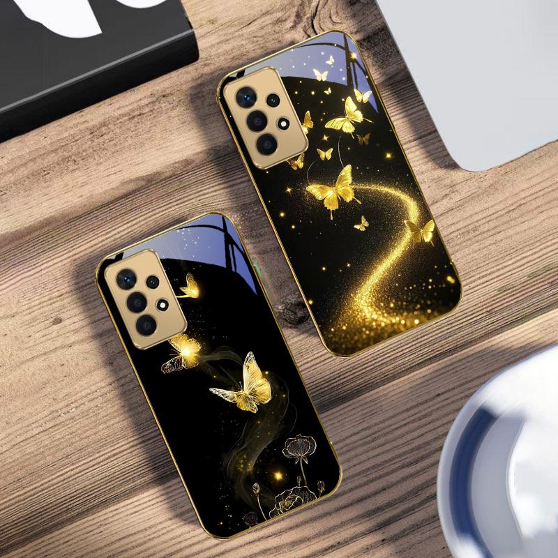 Извивающееся золотое сияние Для Samsung A 01 52S A04 A05S A10 A12 13 22 23 24 36 42 M02 Note 10 20Ultra 8 9 Золотой стеклянный чехол для телефона