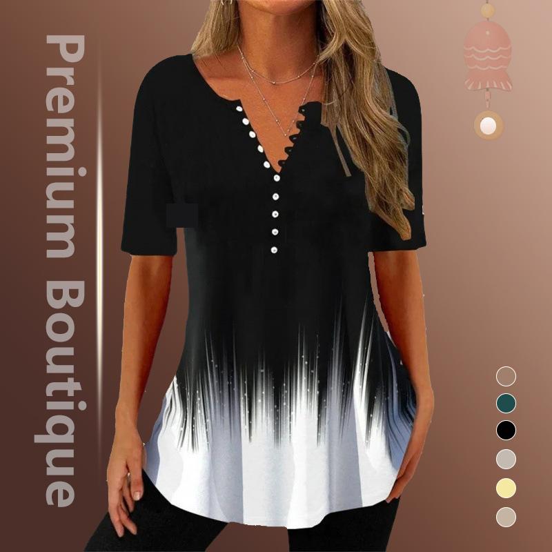 Trendy And Cool Women's Summer Loose V-neck Pullover Short-sleeved Button Printed T-shirt