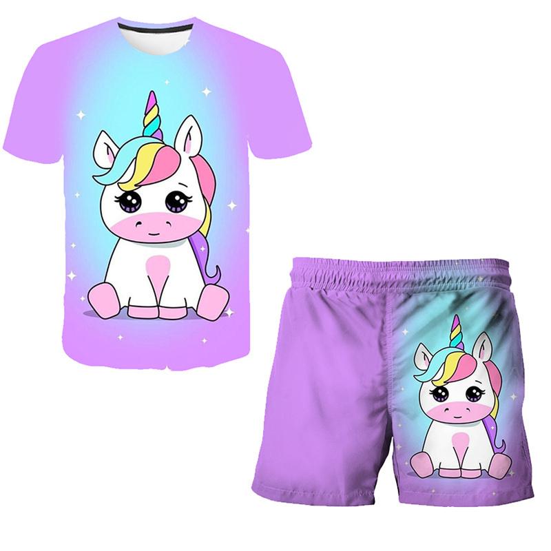Children Girls Clothes Unicorn Baby Popular Print 3D Lovely Fashion T shirt+Short Pants Set Cartoon T Shirt 2Pcs Kids Suit