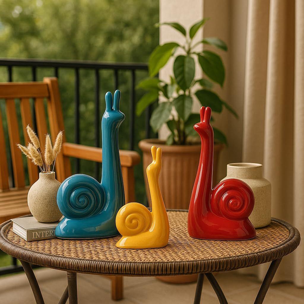 Modern Lucky Snail Family Ceramic Statues for Home Decor (Pack of 3, Multi-Coloured)