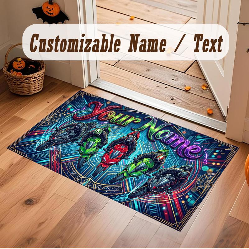 Motorcycle Biker Theme Soft Crystal Velvet Rug Custom Name & Text Print Non Slip Floor Rug for Bedroom Living Room