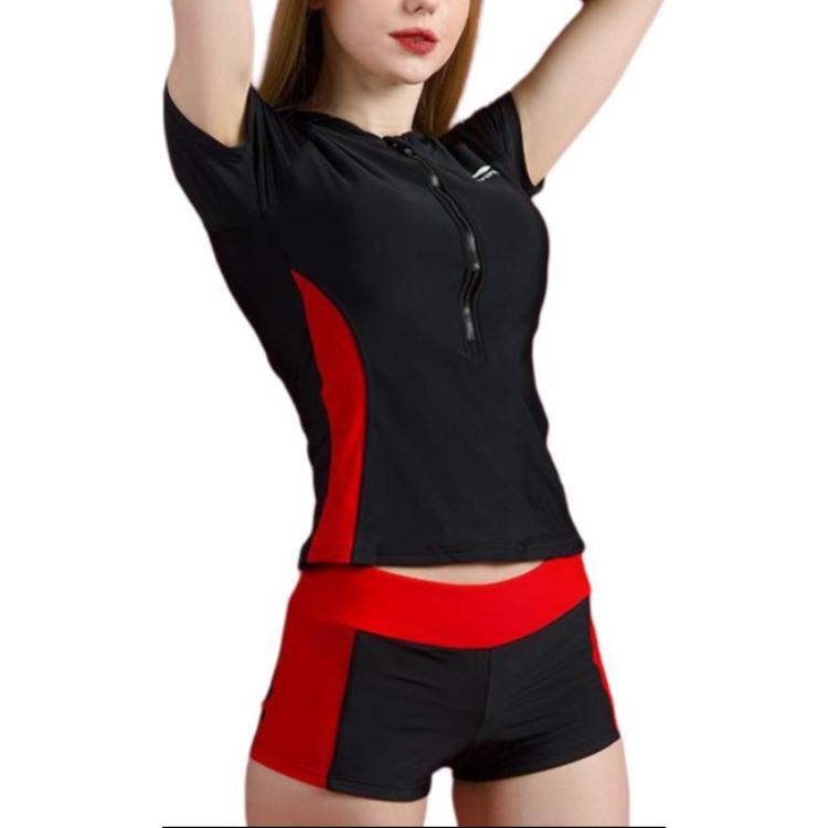 Li Ning Conservative Short Sleeve High Waist Two Piece Swimsuit Women Swimwear Black Red LSCP226-1