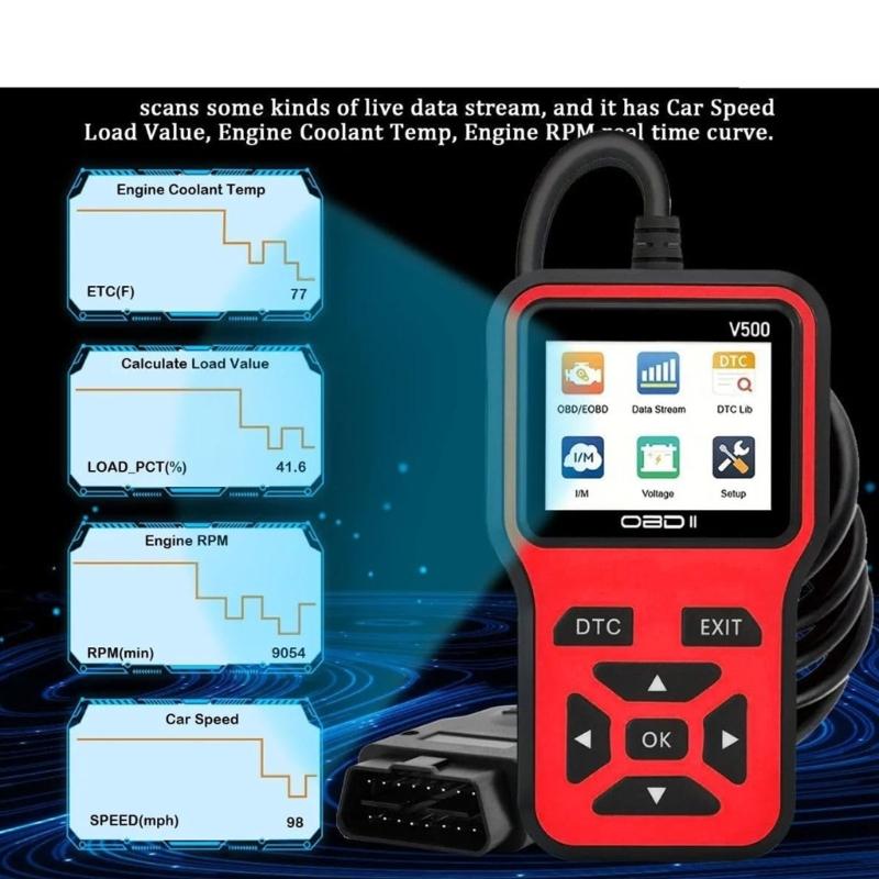 Эффективный OBD2 сканер V500, автомобильный диагностический инструмент с потоком данных в реальном времени и считывателем кодов неисправностей для 12-вольтовых автомобилей