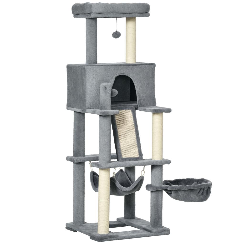 Cat Scratching Tree with Sisal Posts, House, Bed and Hammocks, 48x48x140cm, Grey