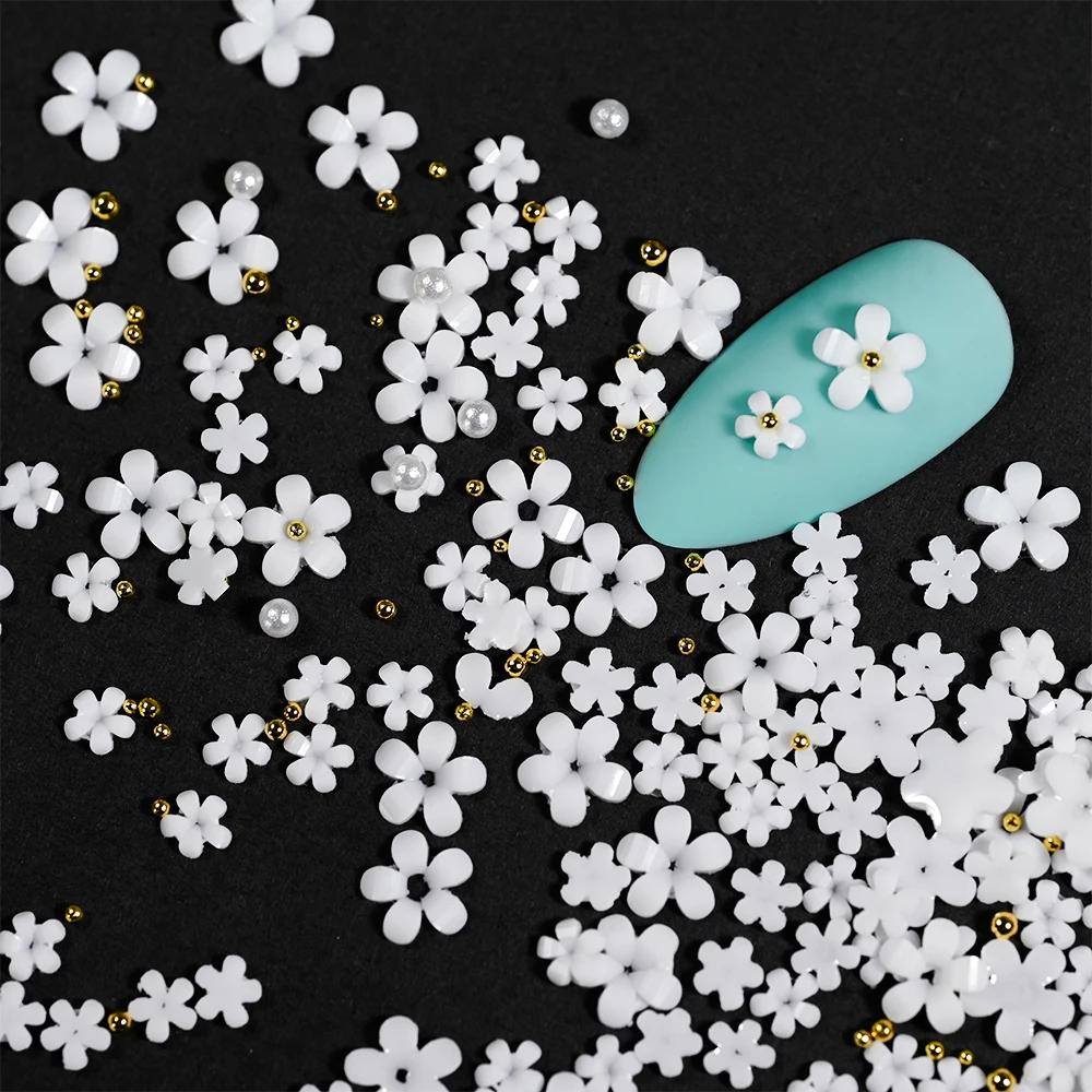 3D White Acrylic Flower Nail Art Decorations Mix Gold/Peal Beads 5G/Bag Resin Blossom Flower Nail Charms 4/6Mm Nail Accessories
