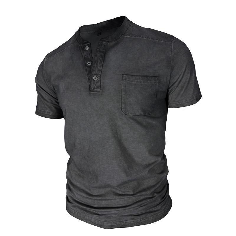Мужская черная вымытая футболка-henley с коротким рукавом, нагрудным карманом, повседневная