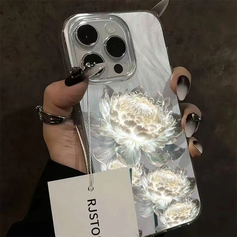 Ударопрочный чехол для телефона с принтом пионов и лотосов для IPhone 17 16 15 14 13 12 11 Pro Max XS XR 7 8 Plus 13 16E Посеребренная крышка