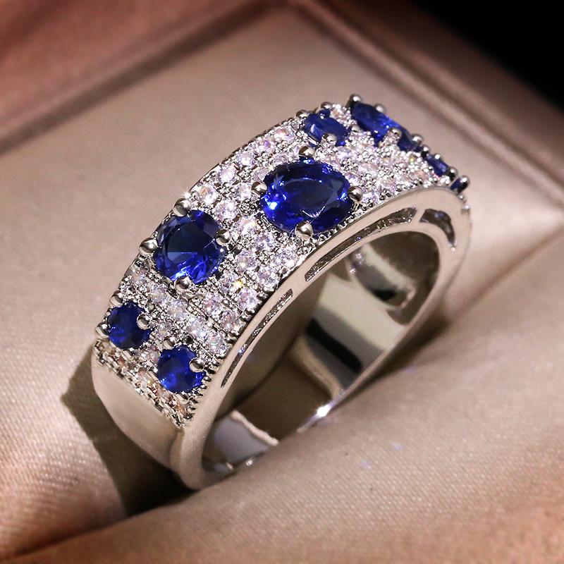 925  Plated Newest Gorgeous Blue Nano AAA+ CZ Genuine Sparkling Ring For Women Wedding Party Jewelry Gift
