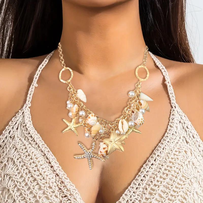 European and American Summer Beach Shell Necklace - Conch and Starfish Design for Women