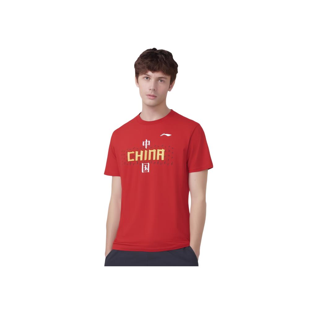 Li Ning Серия Бадминтон Буква Круглый вырез Удобная Дышащая Универсальная Футболка с коротким рукавом Футболка Унисекс Киноварно-красный AHSV057-3