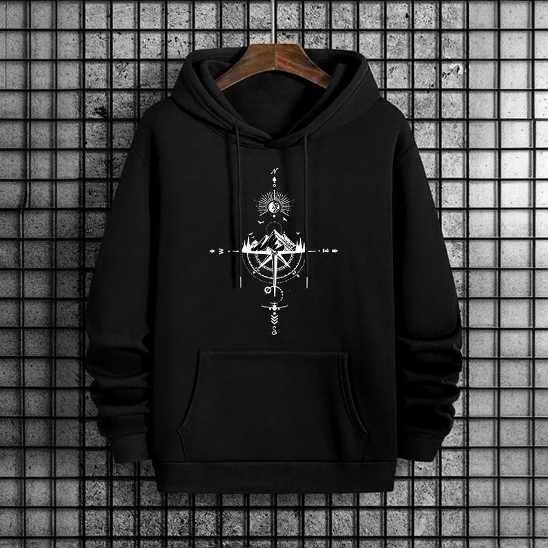 Мужская толстовка с принтом винтажного компаса Городская уличная мода Повседневная спортивная толстовка с капюшоном Домашний уличный комфорт Теплый пуловер