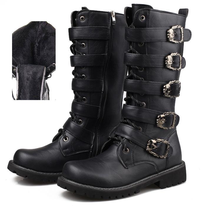 Winter Men Motorcycle Boots Fashion Mid-Calf Punk Rock Punk Shoes Mens PU Leather Black High Top Casual Boot Man