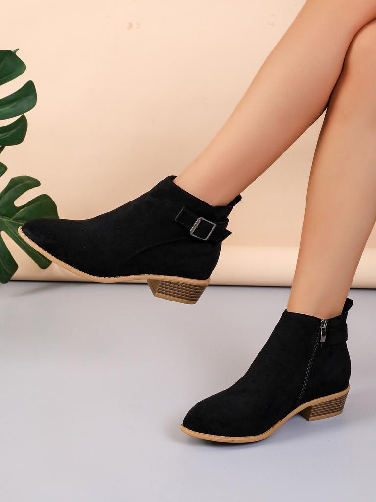 Женские полусапожки на толстом каблуке 2024 новые внешнеторговые большого размера замшевые с острым носком с ремешком с пряжкой на квадратном каблуке женские сапоги большого размера женская обувь
