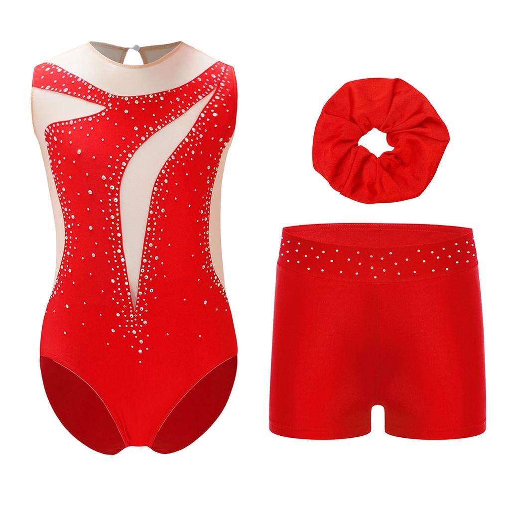 Girls Sheer Mesh Leotard Rhinestones Shorts Hair Tie Headwear Dance Figure Skating Gymnastics Outfit Set