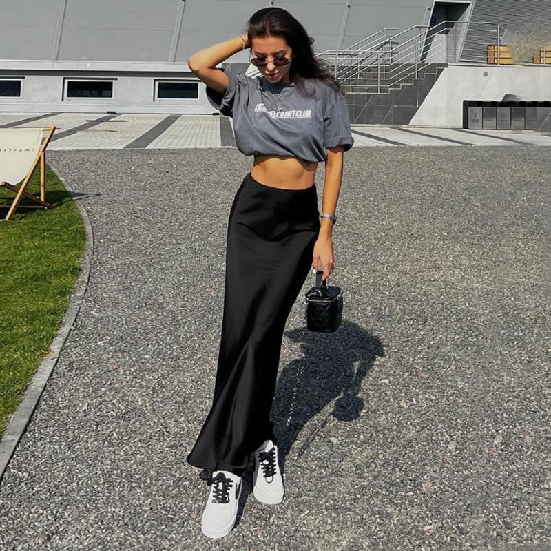 Черная атласная юбка-макси для женщин, высокая талия, кружевные боковые тонкие облегающие юбки-карандаши, женская элегантная клубная вечерние юбка