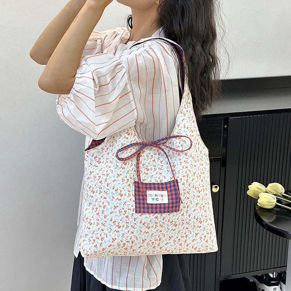 Sweet Plaid Cloth Vest Pouch Lattice Women Floral Handbag Simple Tote Bag Summer