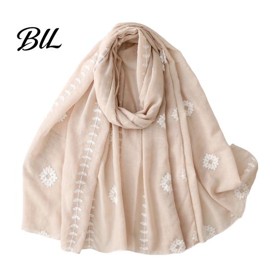 Lightweight Gauze Scarf Solid Color Embroidered Shawl for Women, Soft with Floral Elegant Commuting Vine Texture, 180x90cm Breathable Wrap Spring