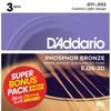 Струны для акустической гитары D'Addario, 3 комплекта, супербонус, фосфорная бронза, индивидуальный свет, .011–.052 EJ26-3DBP