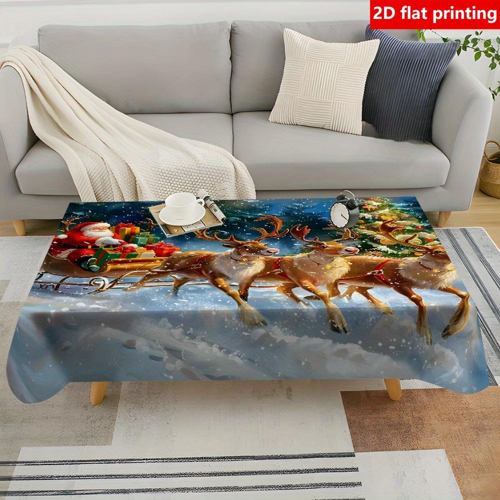 2D плоская печать, 1 шт., Скатерть с рождественским узором, Полиэстер, Напечатаны элементы, такие как Санта-Клаус, Олени, Сани и Рождество