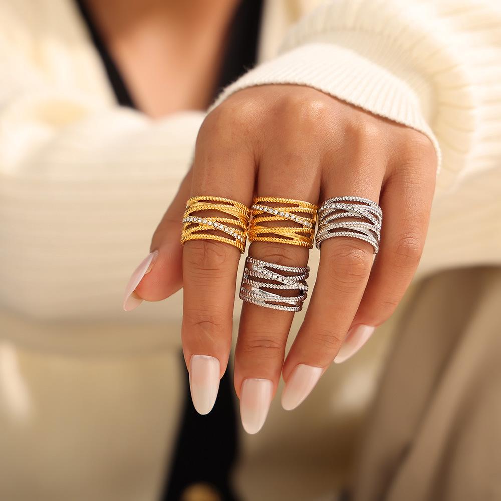 18K Gold-Plated Multi-Layer Twist Cross Diamond Hollow Ring