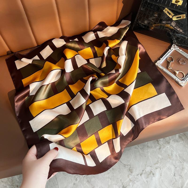 Spring New Yellow-green Plaid Mulberry Silk Scarf Women's Fashion Versatile Plain Crepe Satin Silk Small Square Scarf Scarf