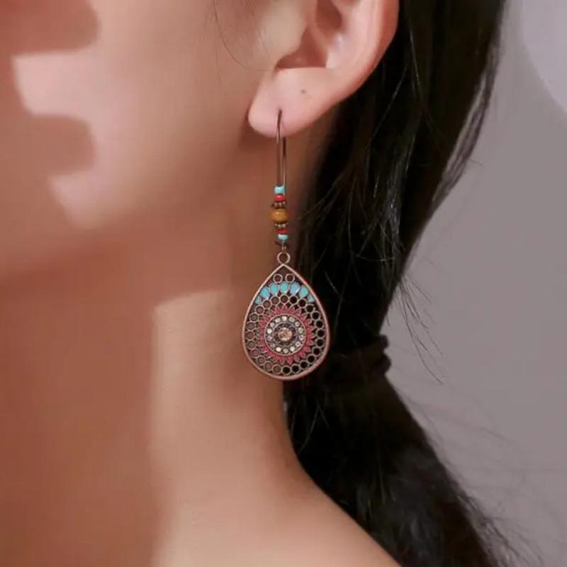 Vintage Hollow Water Drop Metal Earrings For Women Alloy Crystal Ethnic Beads Boho Colorful Flower Dangle Earrings Jewelry Gifts