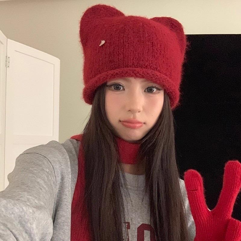 Cute Cat Ear Plush Knit Beanie Hat For Women Autumn Winter Warm