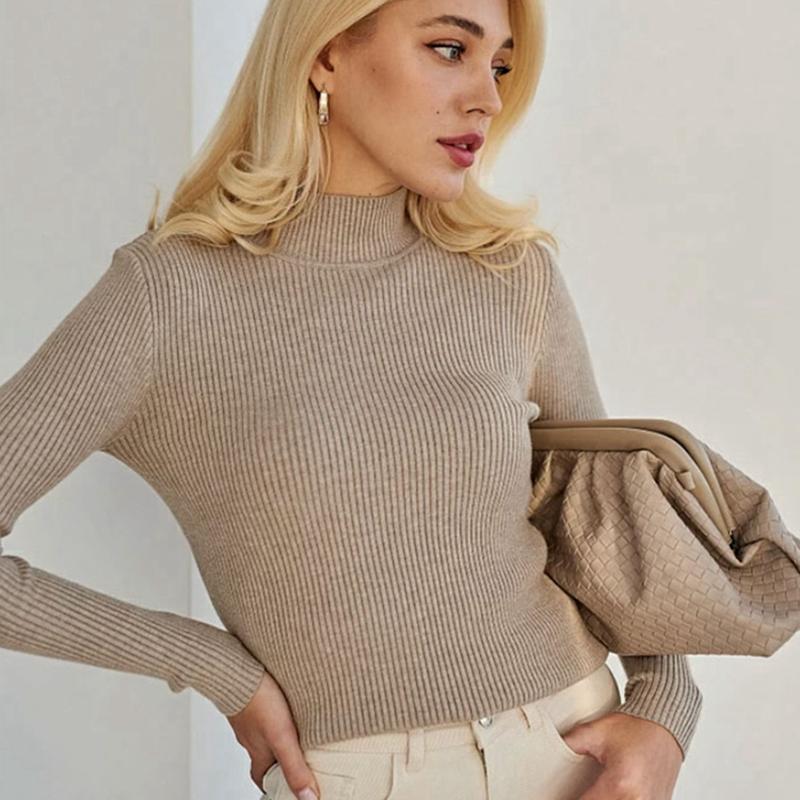 Женский осенне-зимний однотонный свитер с высоким воротником и длинными рукавами, облегающие вязаные топы